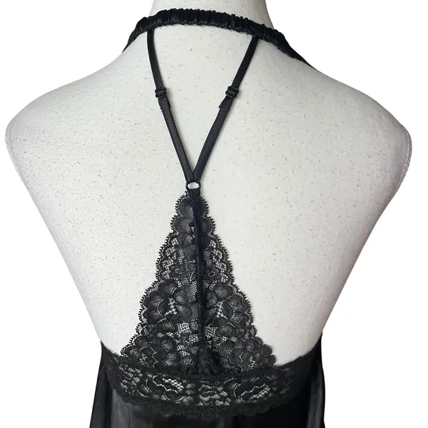 Victoria's Secret Black Satin Lace‎ Halter Chemise Nightgown Women's Small - Image 4