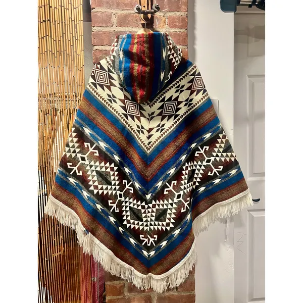 Southwestern Geometric Hooded Blanket Poncho Fringe Cape Boho Western S/M - Image 4