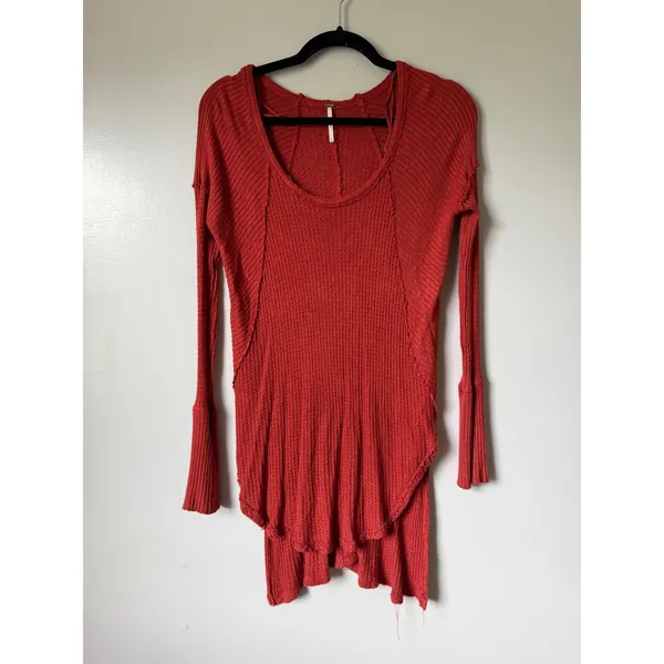 Free People Drippy Ventura Top Women XS Rust Waffle Knit Thermal Boho Red Orange - Image 4