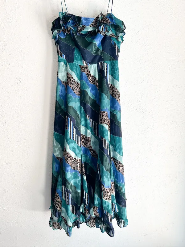 Anthropologie Hutch Ondine Ruffled Maxi Dress Blue Abstract Print Romantic Sz 2 - Image 3