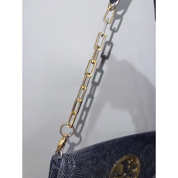 Tory Burch Reva Clutch Blue Leather‎ Snakeskin Print Chain Handbag Bag L - Image 7