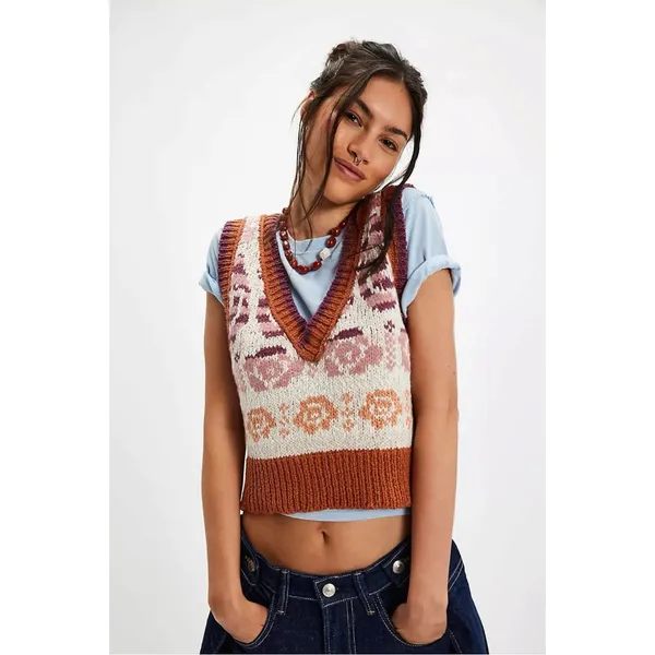 Free People Notes Of Rose Sweater Vest Neutral Combo Small NWT Bohemian Preppy - Image 11