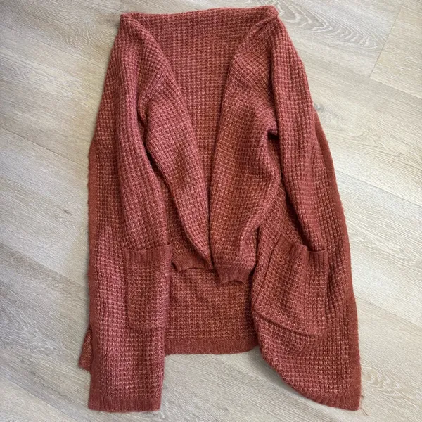 American Eagle Rust Waffle Knit Cardigan Sweater - Image 6