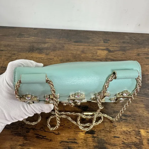 Chloé Elsie Shoulder Bag Small Turquoise Leather Chain Strap Rhinestone Gold - Image 11