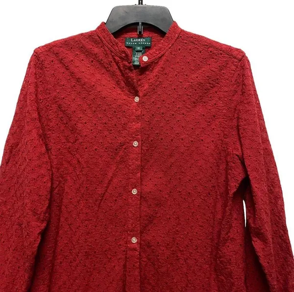 Lauren Ralph Lauren Red Eyelet Button Up Shirt Women Medium Roll Up Sleeve LRL - Image 2