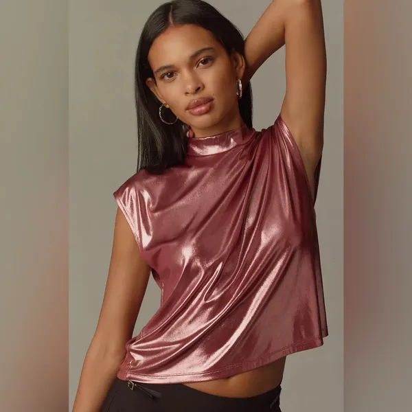 By Anthropologie • Cowl-Neck Liquid Shine Top Pinkish Red - Image 10