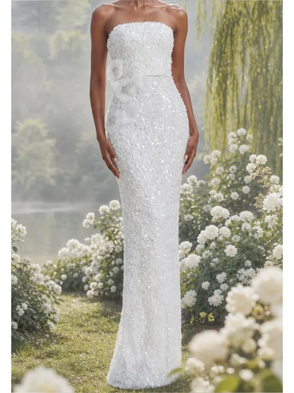 DRESS THE POPULATION Izza 3D Floral Sequined Gown, White, XXS - Image 2