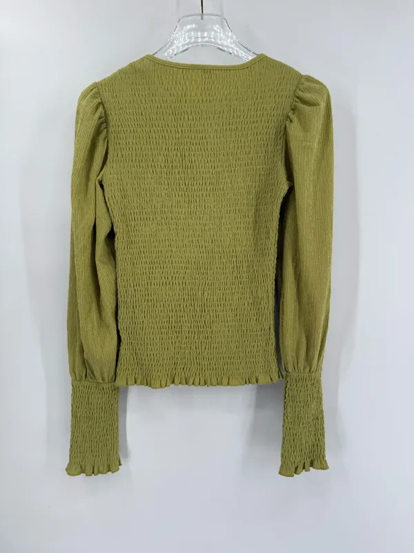 Anthropologie Smocked Long Sleeve Puff Sleeves Green Ruched Top‎ Size xs - Image 2
