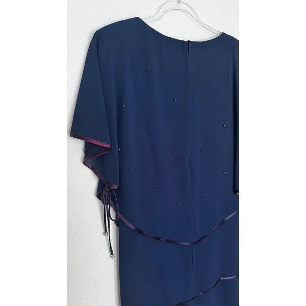 Late 1980s–1990s Patra Blue Chiffon Cape Overlay Beaded Dress Midi XL - Image 10