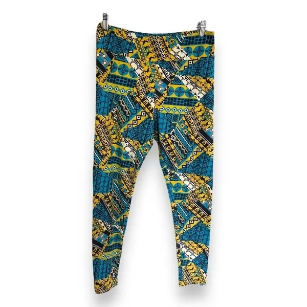LuLaRoe Womens Leggings Sz TC Blue Yellow‎ Black White Art Deco 12 14 16 18 - Image 2