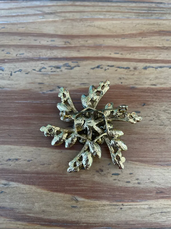 Beautiful Vintage Green Purple Amber Rhinestone Flower Pinwheel Brooch - Image 2
