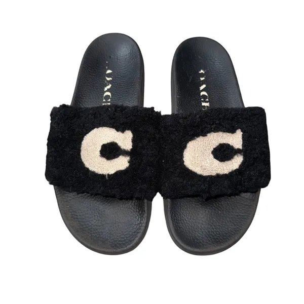 Coach Shearling‎ Slide Sandals Womens 8 Black Good Faux Fur Logo Slippers - Image 2