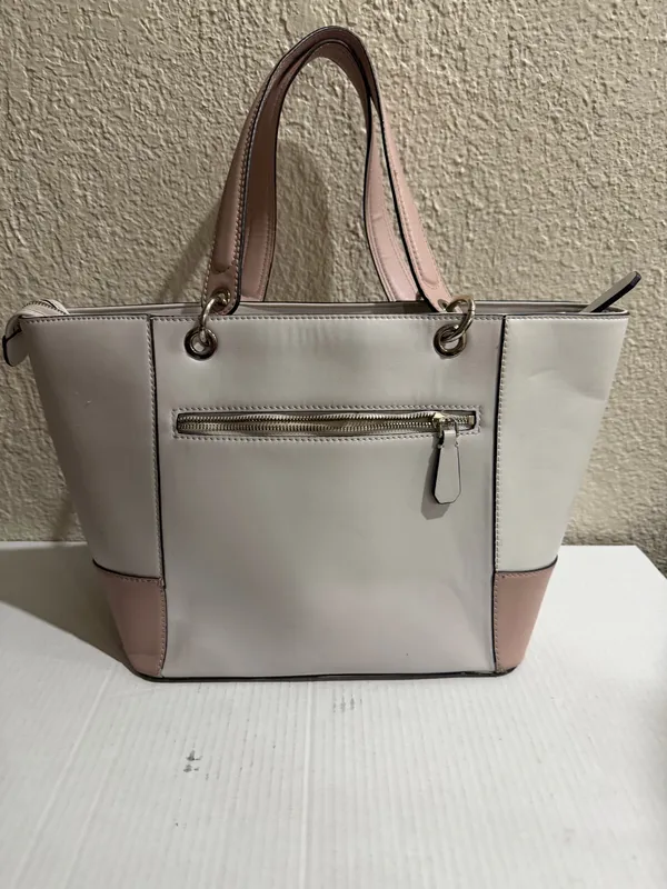 Guess Blush & Cream Colorblock Tote Bag Gold Logo Charm Pom Pom Large - Image 17