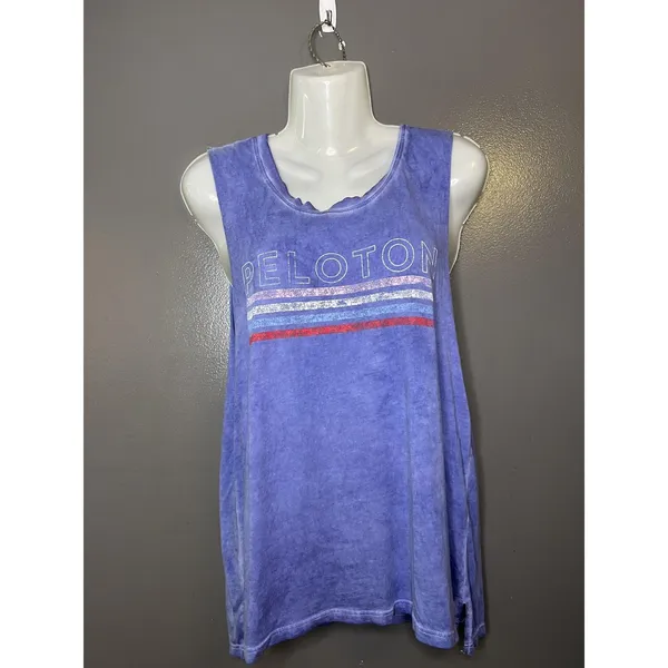 Peloton Tank Top Womens Medium Blue Scoop Neck Striped Logo Relaxed Fit Athletic - Image 2