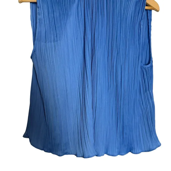 Zara Solid Blue Plisse Pleated Ruffle Neck Sleeveless Blogger Office Top Size XS - Image 4