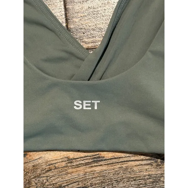 SET Active AirLuxe‎ Wrap Front Sports Bra Sage Green Olive Size Medium Yoga - Image 3