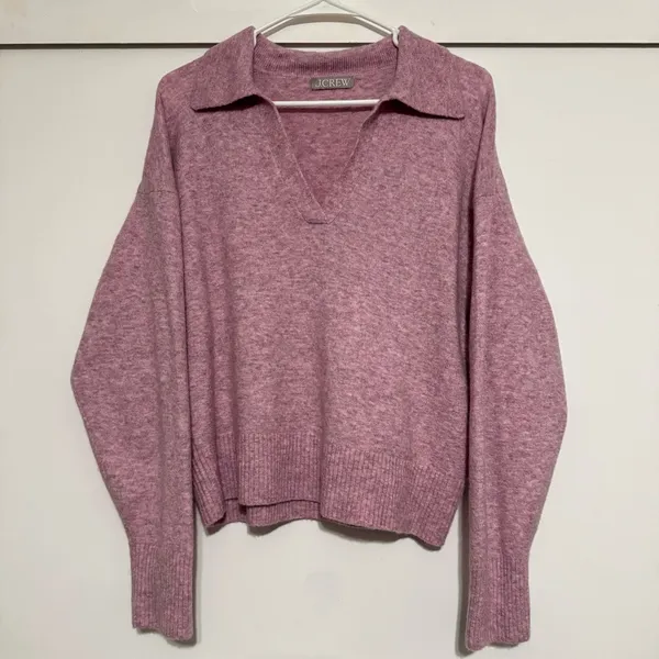 J. Crew Wool Collared V-neck Pink Sweater in Supersoft Yarn - Image 2
