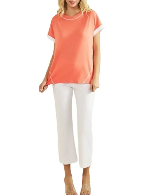 Yelete 100% cotton coral contrast crewneck tee. Size Medium - Image 8