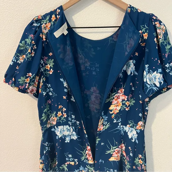 LOFT Floral Chiffon Drop Waist Puff Sleeve‎ Flutter Midi Dress Size 4 - Image 10