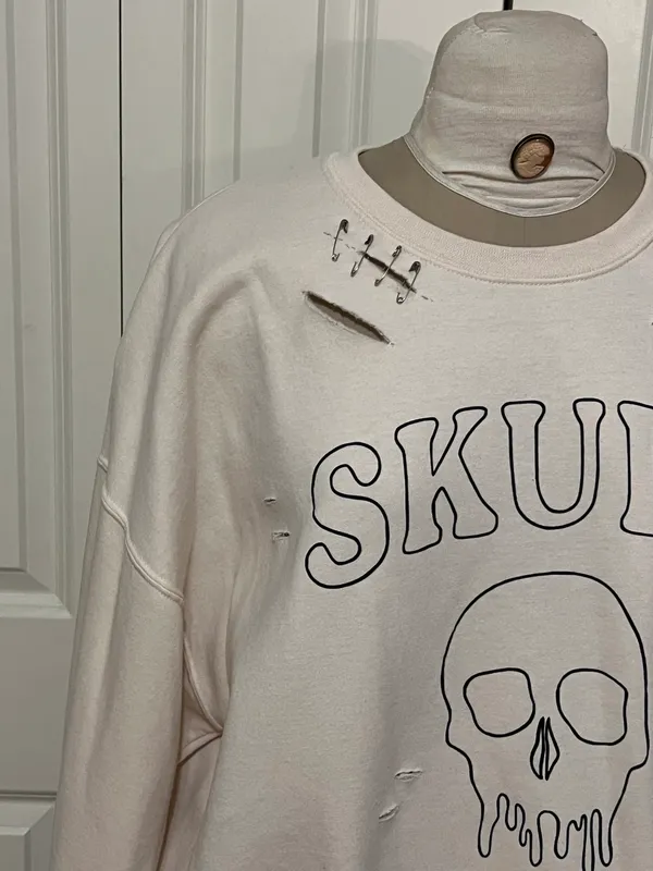 Skull House White Oversized Distressed Sweatshirt - Image 3