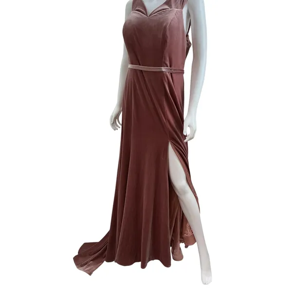 Cocomelody Dusty Rose Velvet Maxi Gown V-Neck‎ High Slit Formal Dress Mauve - Image 8