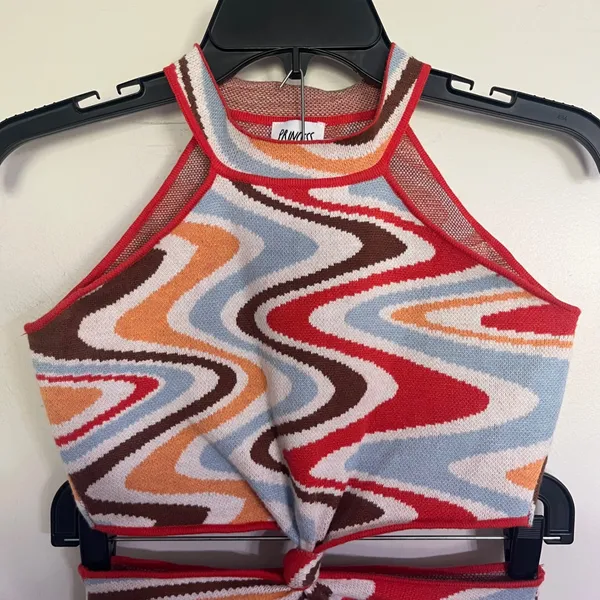 Princess Polly Retro Wavy‎ Knit Halter Cutout Mini Dress XS/S Red Blue Multi - Image 4