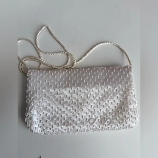 Vintage White Beaded Satin Clutch Purse | Pearl Evening Bag Bridal Prom 90s Y2K - Image 3