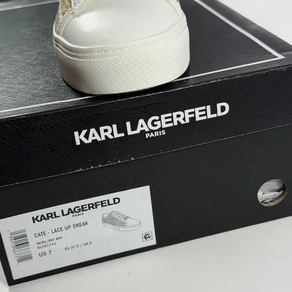 Karl Lagerfeld Paris Size-7 Cate Lace Up Sneaker White Gold Woven - Image 3