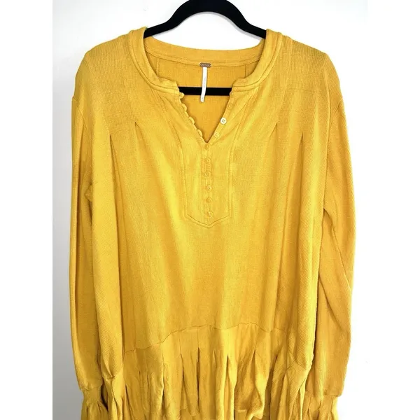 Free People Summer Struttin Mini Dress Golden Yellow Henley Waffle Ruffle Medium - Image 3