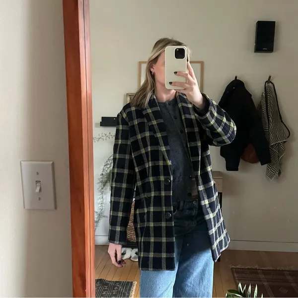 Derek Lam 10 Crosby Plaid Cocoon Coat Women's 4 Navy and Yellow Wool Blend Lined - Image 10