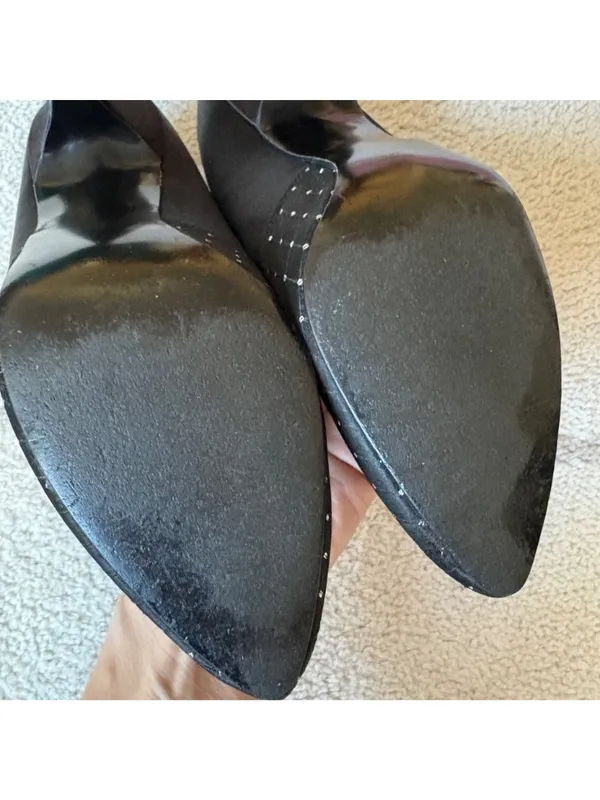 Vintage Black Satin Pumps Pointed Toe Rhinestone Heels w/ Box Sz 7 - Image 7