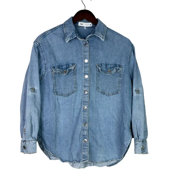 Zara Denim Snap Button Down Collard Western Style Long Sleeve Denim Shirt S Blue - Image 12