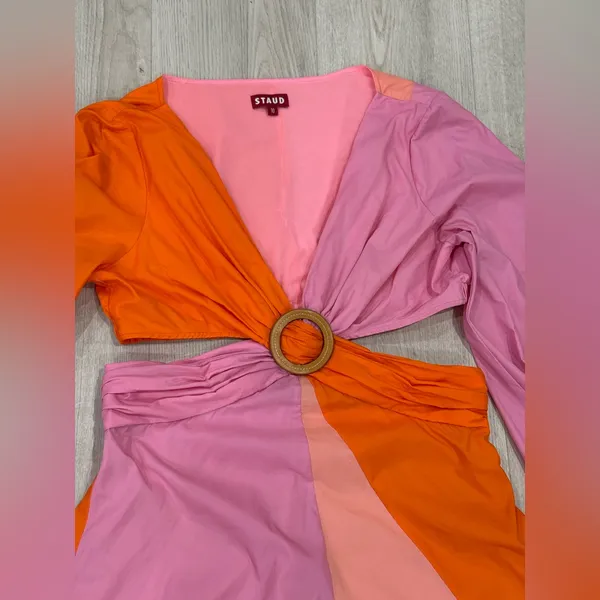 STAUD Women’s Gulf A-Line Cutout Dress in Orange & Pink Size 10 - Image 4