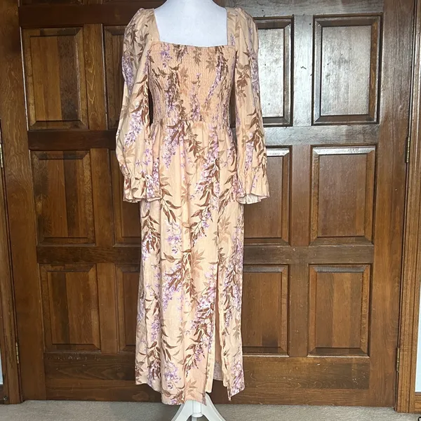 House of Harlow 1960 Linen Blend Smocked Midi Dress XS Peach Floral Palm Bishop‎ - Image 2