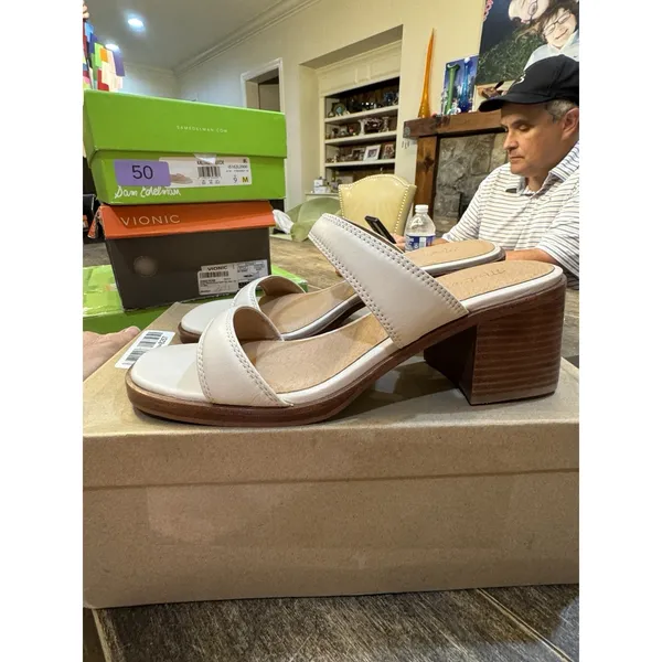 Madewell The Saige Double Strap Heeled Mules Sandal Leather Pale Oyster Size 11 - Image 3