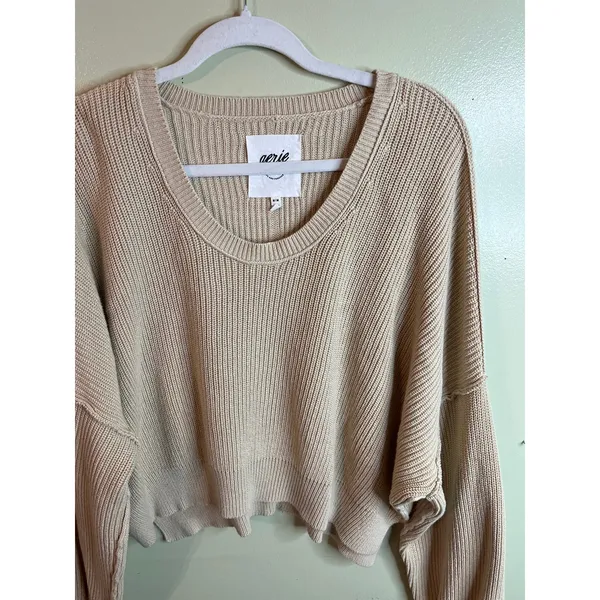 Aerie Ribbed Knit scoop neck Sweater Balloon Sleeve Cropped Relaxed Fit Size M - Image 11