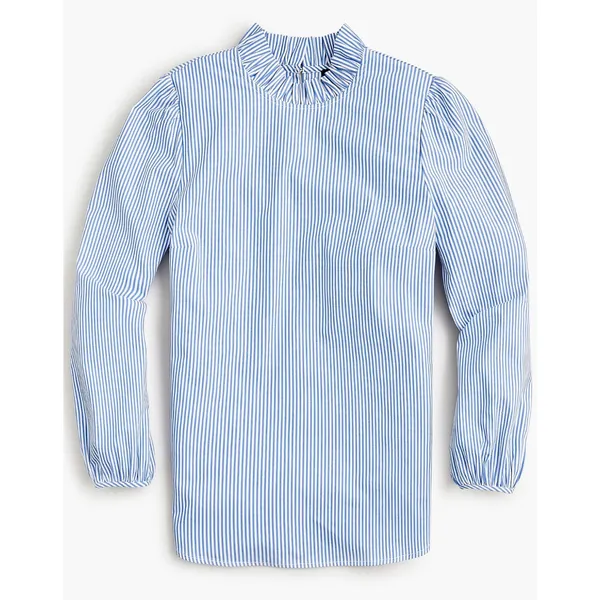J.Crew Organic Cotton Long Sleeve Ruffleneck Top Stripe Blue Size‎ XS - Image 2