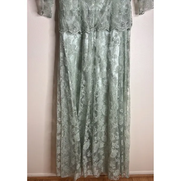 vtg Cassandra Stone Dress Womens 8 Sage Green Lace Gown Formal‎ Evening Beaded - Image 9