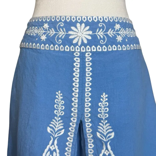 Vintage 100% Linen Skirt Sz 12 Artisan Embroidered Beaded Blue Cottage Boho Folk - Image 3