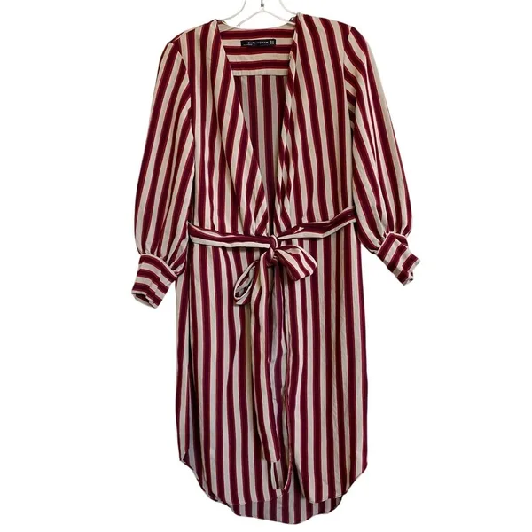 Zara Woman Burgundy Cream Striped Longline Wrap‎ Tunic Top XS - Image 5