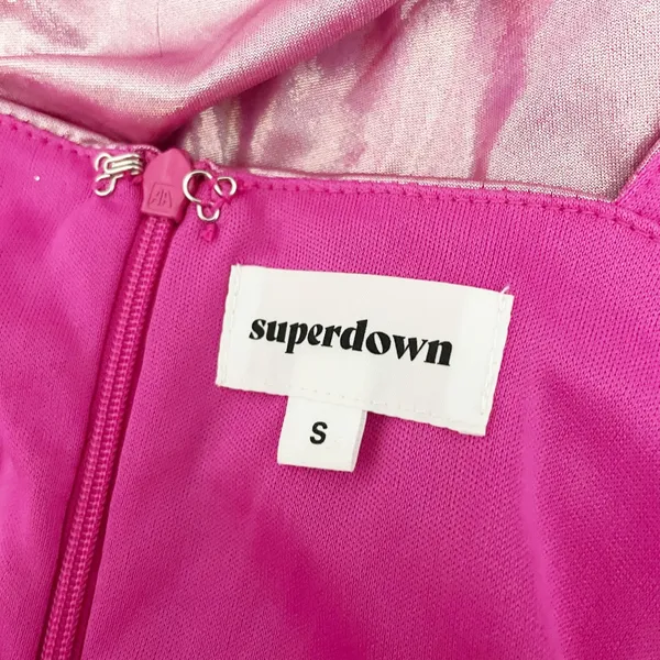 Superdown Kerrie Deep V Neck Pink Holographic Shine Cocktail Mini Dress Small - Image 2