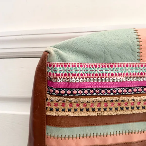 The Sak Tan Leather Patchwork Fabric Embellished Boho Top Zip Shoulder Tote Bag - Image 4
