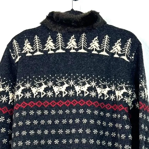 Skyr Wool Nordic Fair Isle Ski Cardigan Sweater Fur Trim M Apres Ski Cabincore - Image 7