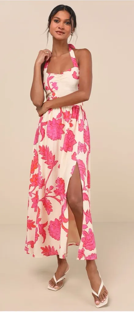 LULU’S Layton Pink And Cream Floral Halter Maxi Dress - Image 2