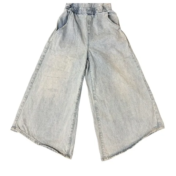 FREE PEOPLE Alora Denim Wide Leg Culotte Tieback Jumpsuit Light Wash Size XS - Image 5