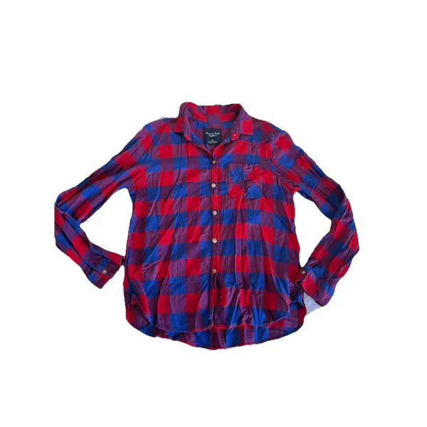 american eagle FLANNEL Plaid Button-Up SIZE S Gorpcore Casual RED BLUE - Image 7