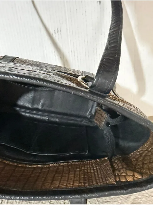Faux Crocodile Embossed Tote Bag Brown Black Shoulder Handbag Zip Top Large - Image 3