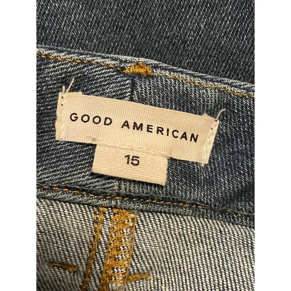 GOOD AMERICAN Wide Leg Palazzo Crop Jeans Indigo Distressed Frayed Hem Size 15‎ - Image 3