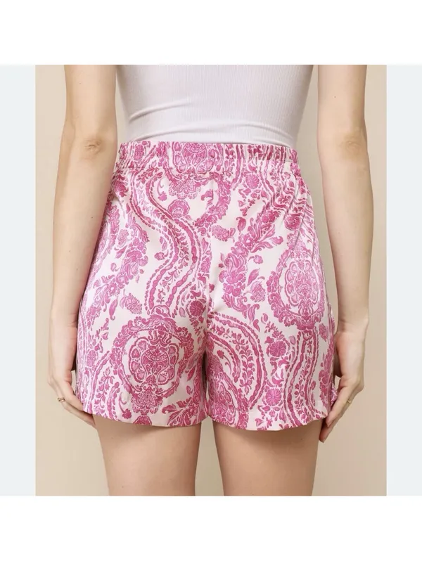 Lulus Satin Ivory Magenta Satin High-Waisted Boho Print Tie-Front Shorts X-Small - Image 2