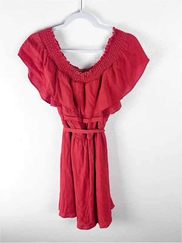 LOVERS + FRIENDS Suntime Red Ruffle Trim Belted Waist Dress Size Medium Boho - Image 6